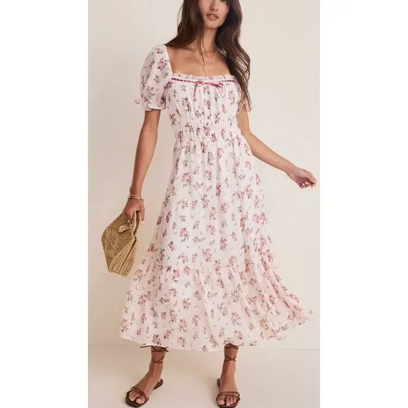 Francesca’s Ella Ditsy Floral Puff Sleeve Midi Dress Pink Mauve Size Medium - Picture 1 of 6